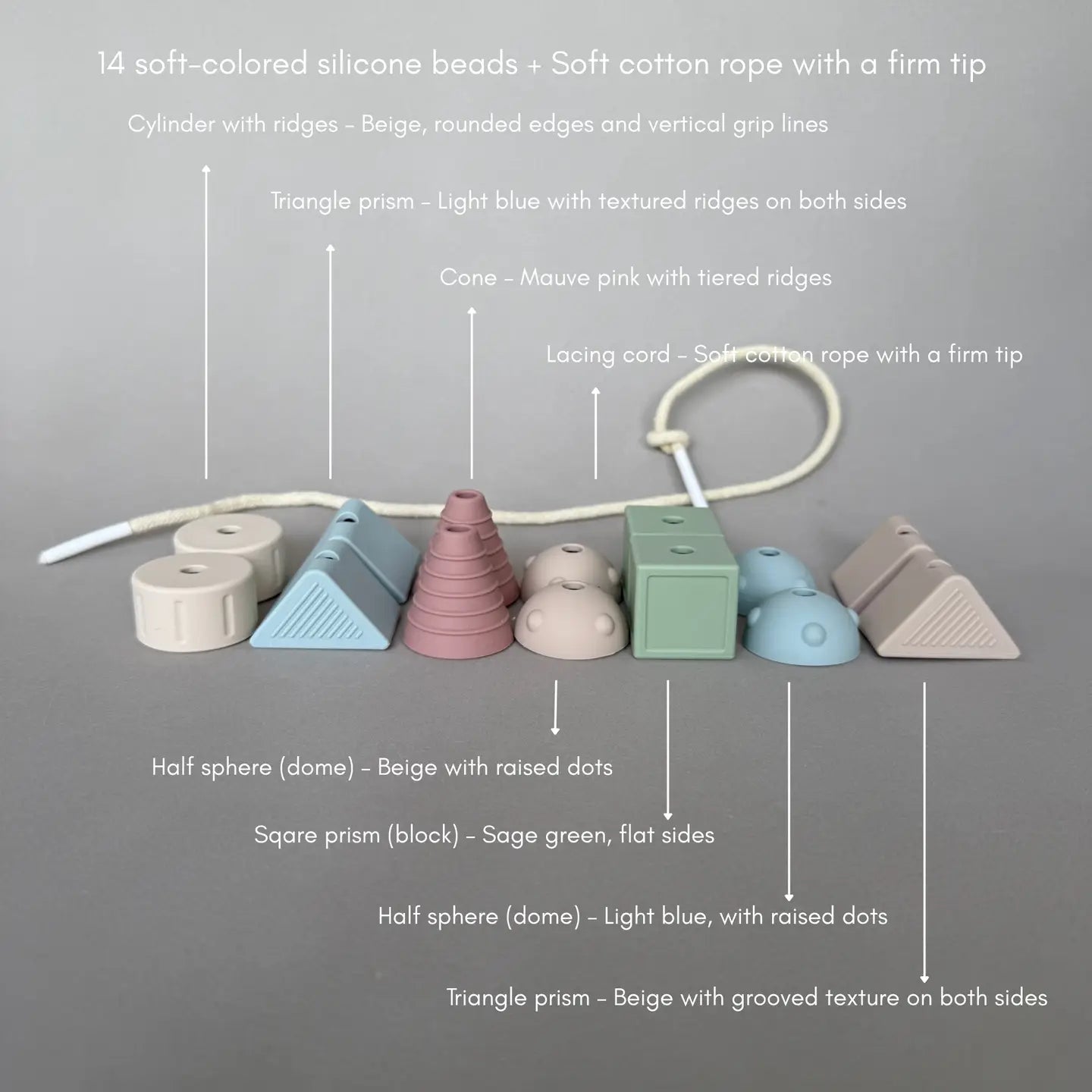 Montessori Lacing Toy – 14 Soft Color Silicone Beads